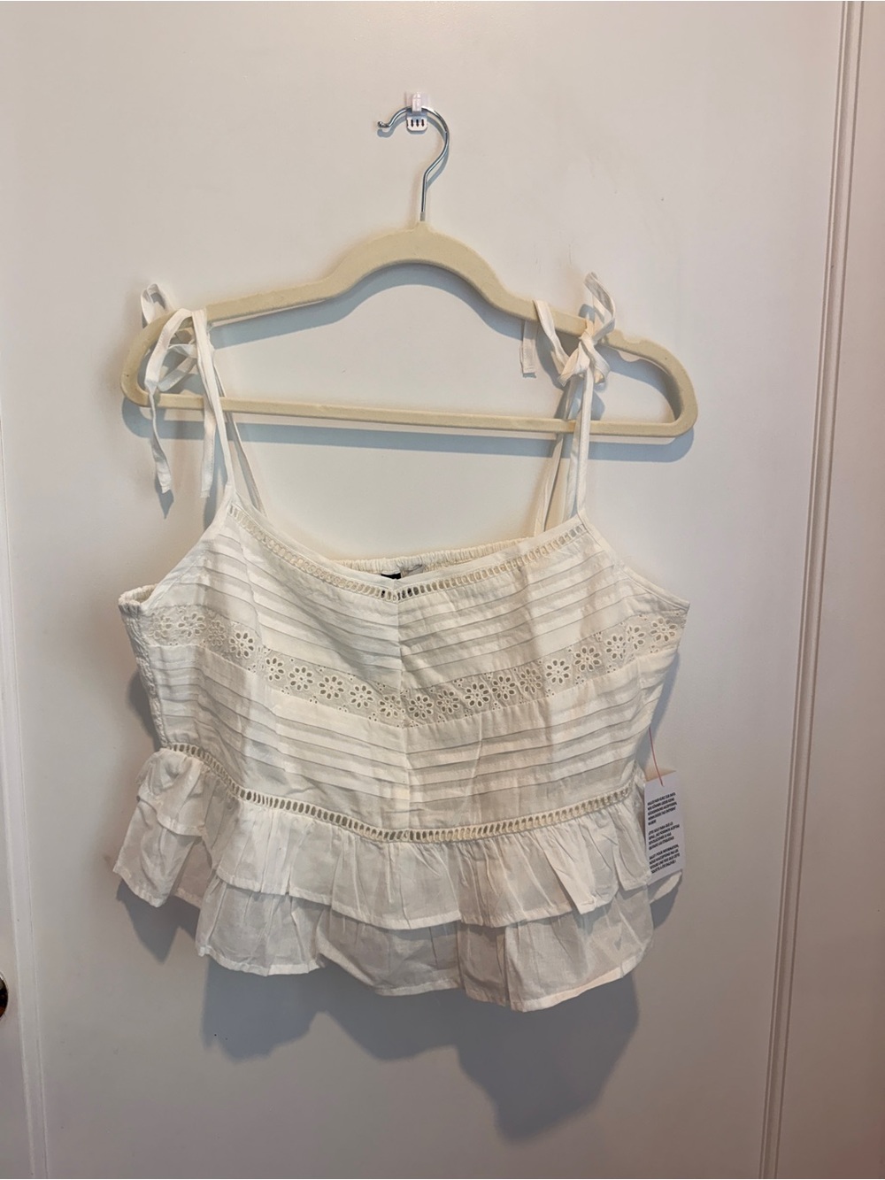 Miss Selfridge Cream Eyelet Tie-Shoulder Ruffle Crop Top